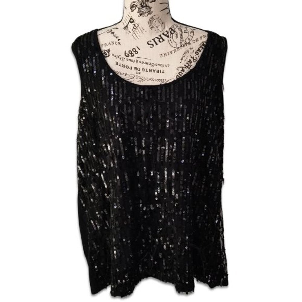 New Noir Sequined Sleeveless Blouse Top Feathery Accents Stretch Black Size 3X